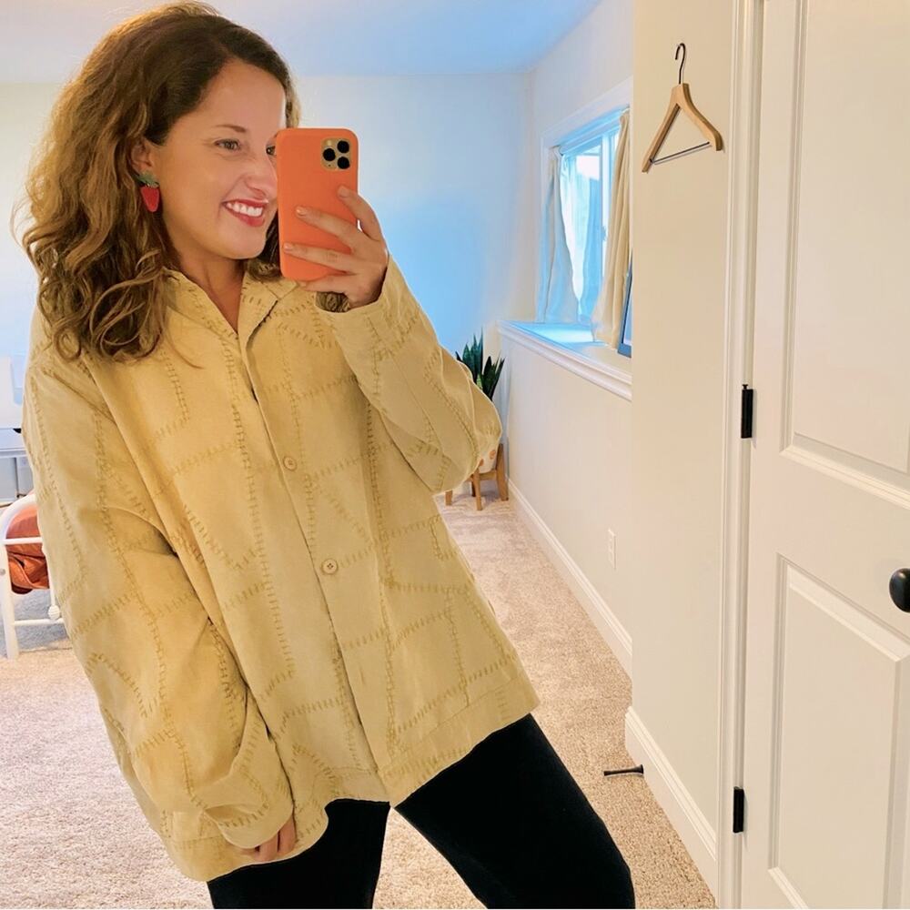 Vintage CJ Banks Tan Neutral Faux Suede Button Up Top 2X